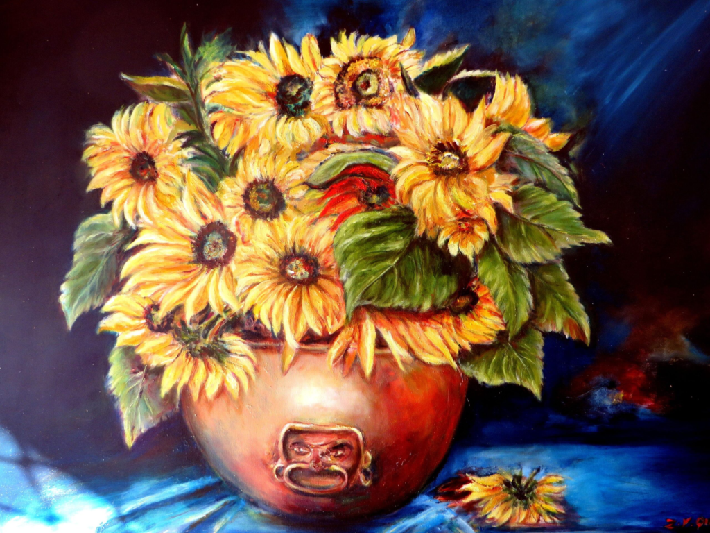 Rightfully titled ‘Pot of Gold’, this painting shows sunflowers in a pot.