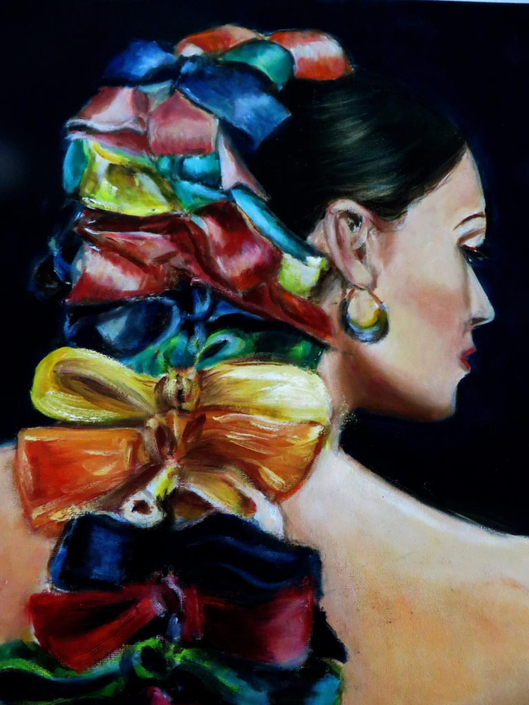 A painting titled ‘Pick me for my ribbons’ of a woman with colourful ribbons in her hair and her back to the viewer.
