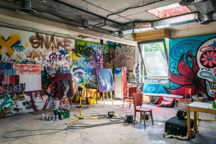An art studio with graffiti on the walls